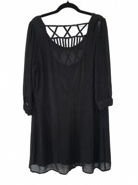 HeartSoul Plus Black Chiffon Tunic Blouse 1X Lattice Back 3/4 Sleeve Sheer Hem
